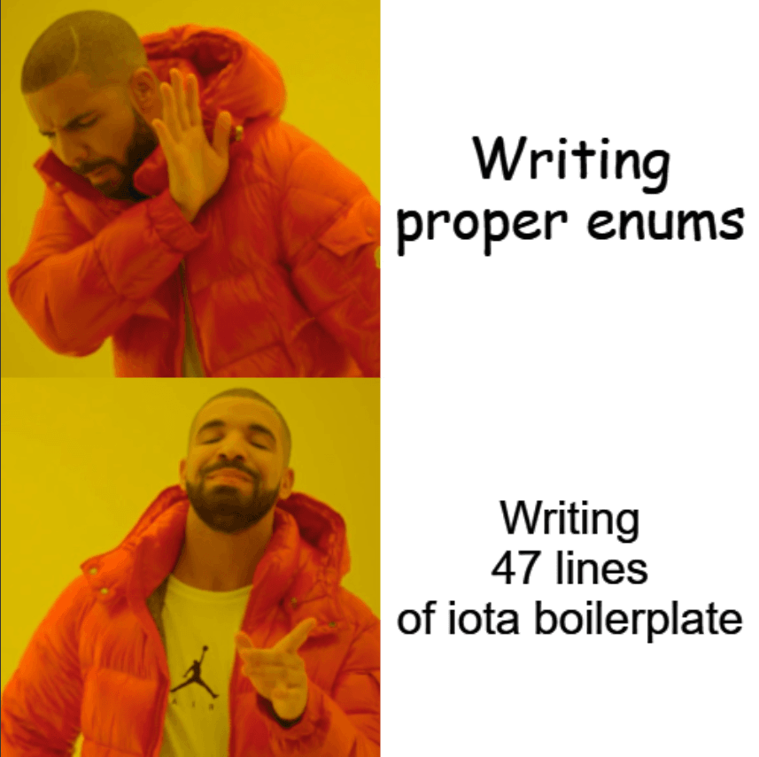 Drake meme showing rejection of proper enums in favor of Go's verbose iota approach