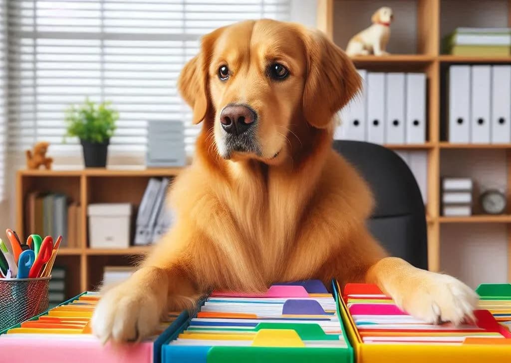 A golden retriever organizing folders